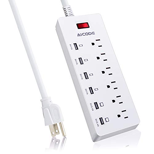 Product Cover Surge Protector Power Strip,6 Outlets&6 USB Charging Ports, 6ft Long Extension Cord, 600 Joules 1625W/13A 125V, Multiplug for Home & Office, Multiple Devices，Phones, Tablets,Laptop by AICODE