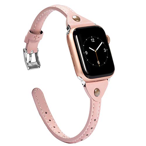 Product Cover Wearlizer Womens Pink Slim Leather Compatible with Apple Watch Bands 38mm 40mm for iWatch Strap Wristbands Leisure Cute Unique Dressy Bracelet (Metal Silver Clasp) Series 5 4 3 2 1 Edition Sports