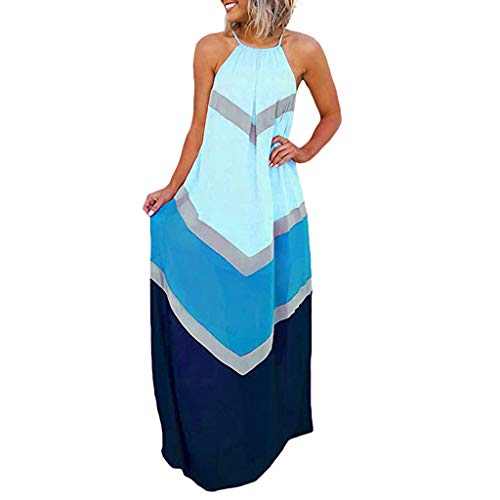 Product Cover BAOHOKE Stripe Patchwork Halter Big Swing Sleeveless Maxi Dresses for Women,Casual Beach Long Sundress(Blue,M)