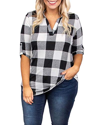 Product Cover YONYWA Women V Neck Plaid Shirts Plus Size Tunic Roll up 3/4 Sleeve Casual Tshirt Blouse Tops