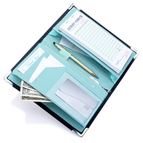 Product Cover Sonic Server 11-Pocket Server Book Organizer with Double Magnetic Pockets, Zipper Pouch for Waitress Waiter Waitstaff | Marble and Cross-Textured (5x8 Black/Teal, Cross-Textured PU Leather)