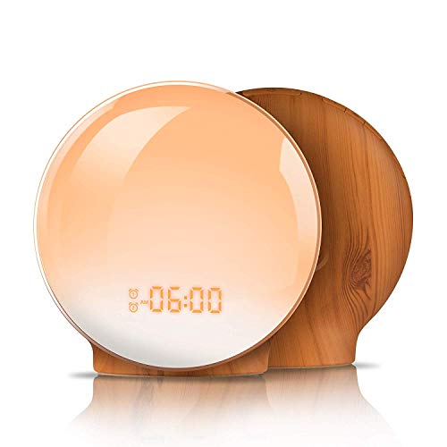 Product Cover Wake Up Light,TITIROBA Sunrise Simulation Dual Alarms Clock Aid Sleep Snooze Function 8 Colors Night Light 7 Natural Sounds & FM Radio,USB Charge Port-AM/PM Wood Grain