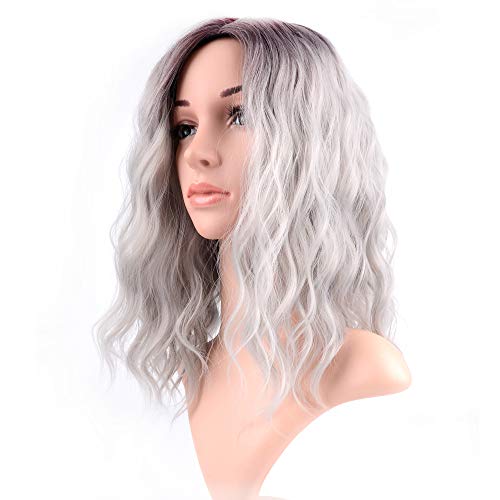 Product Cover FAELBATY 14 Inch Curly Grey Wig Short bob Wigs Shoulder Length side part Women's Short Wig ombre color Synthetic Cosplay Wig for Girl Halloween Costume Wigs Ombre Purple Grey Color