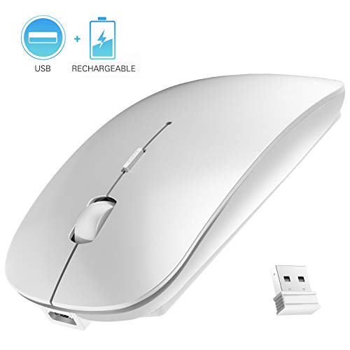 Product Cover Rechargeable Wireless Mouse, 2.4G Slim Mute Silent Click Noiseless Optical Mouse with USB Receiver Compatible with Notebook, PC, Laptop, Computer, MacBook (Silver)