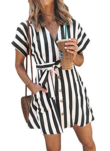 Product Cover HOTAPEI Womens Fashion Stripe Short Sleeve Wrap V-Neck Casual Summer Button Front Mini Short Shirt Dress with Belt