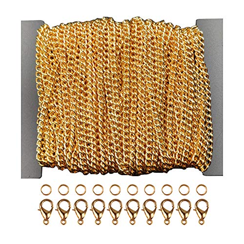 Product Cover WUBOECE 39 Feet Curb Chain Necklace Bulk Cable 2.5mm Width with 30 Lobster Clasps and 100 Open Jump Rings for Jewelry Making, Gold