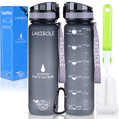 Product Cover LAKIBOLE 32 oz Water Bottle BPA Free with Time Markers, Tritan Gym Water Bottle for Fitness, Outdoor Enthusiasts, Leakproof & Durable - Gray