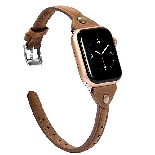 Product Cover Wearlizer Scrub Deep Brown Leather Compatible with Apple Watch Thin Leather Band 38mm 40mm for iWatch Womens Mens Stylish Narrow Strap Simple Rivet Cute Wristband (Silver Clasp) Series 5 4 3 2 1 Sport