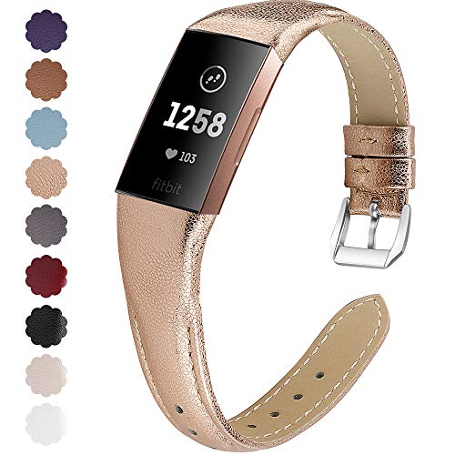 Product Cover NANW Bands Compatible with Fitbit Charge 3, Slim Genuine Leather Wristband Replacement Accessories Strap for Women Men Compatible with Fitbit Charge 3 / Charge 3 SE Small Large