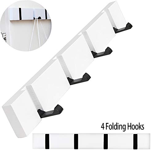 Product Cover TZAMLI Coat Rack, Wall-Mounted Natural Bamboo Coat Rack, Large Size Wall-Mounted Coat Rack with Retractable Hooks for Hanging Various Items Living Room Bathroom (White, 4 Hook)