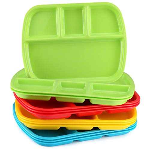 Product Cover 4-Compartment Divided Plastic Kids Tray - Set Of 12 Plastic lunch Trays with dividers for eating Or Baby Feeding - 4 Vibrant Colors (3 of Each Color) BPA Free Microwave Dishwasher Safe