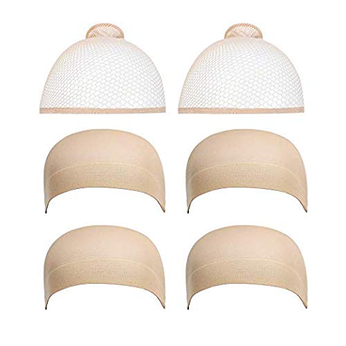 Product Cover 6 Pack Dreamlover Nude Mesh Net Open End Wig Caps and Stocking Wig Caps for Long and Short Hair, 2 Pack Mesh Net and 4 Pack Stocking