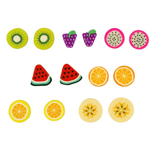 Product Cover Mix Color Kawaii Cute Polymer Clay Fruit Magnetic Clip On Earrings, Set of 7 Pairs
