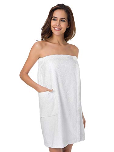 Product Cover SIORO Bath Shower Wraps for Women, Bamboo Cotton Body Wrap Towel Dress Spa Gym Bathrobes with Adjustable Closure & Pockets Set,White M