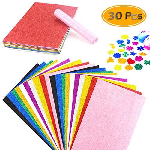 Product Cover BcPowr 30PCS EVA Glitter Craft Foam Sheets, Foamie Sheets Rainbow Foam Handicraft Sheets Crafting Sponge For Arts DIY Projects, Classroom, Scrapbooking, Parties Thick & Soft Paper (10 Color, 12