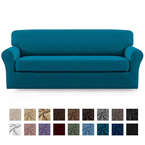 Product Cover Easy-Going 2 Pieces Microfiber Stretch Sofa Slipcover - Spandex Soft Fitted Sofa Couch Cover, Washable Furniture Protector with Elastic Bottom Kids,Pet (Sofa, Peacock Blue)