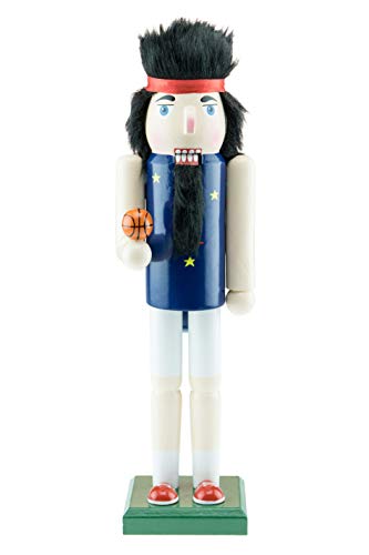 Product Cover Clever Creations Basketball Player Nutcracker - Wearing Blue Jersey and Red Headband - Traditional Festive Christmas Decor - 14 inch - Perfect Holiday Decoration for Shelves and Tables - Solid Wood