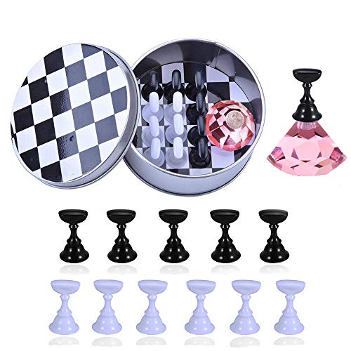 Product Cover 1 Set Nail Art Tips Holder Practice Display Stand, Kalolary Magnetic Stuck Crystal Nail Art Holder, Chessboard Nail Art Display Tools Set for Nail Art Salon DIY and Practice Manicure
