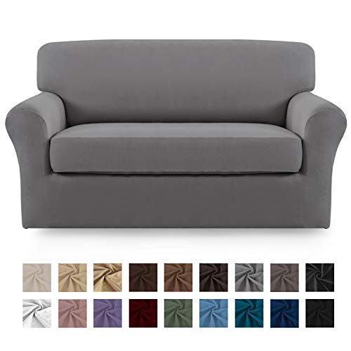 Product Cover Easy-Going 2 Pieces Microfiber Stretch Couch Slipcover - Spandex Soft Fitted Sofa Couch Cover, Washable Furniture Protector with Elastic Bottom Kids,Pet (Loveseat, Light Gray)