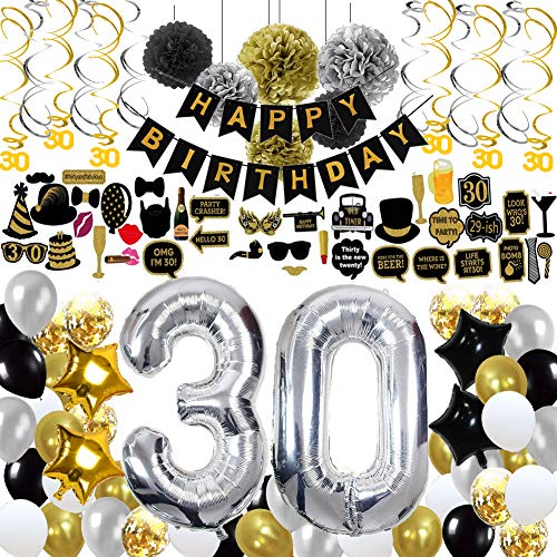 Product Cover 30th Birthday Decorations,30th Birthday Party Supplies Include 123Pcs Silver Number 30 Balloons Banners Hanging Swirls Paper Pompoms Pentagram Balloons Multicolored Balloons for Girls Boys Women Men
