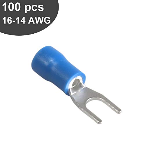 Product Cover 100pcs Insulated Fork Spade Wire Connectors, U Type Electrical Crimp Terminal for 16-14AWG Cable by MILAPEAK (Blue)