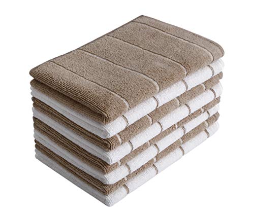 Product Cover Microfiber Kitchen Towels - Super Absorbent, Soft and Solid Color Dish Towels, 8 Pack (Stripe Designed Brown and White Colors), 26 x 18 Inch