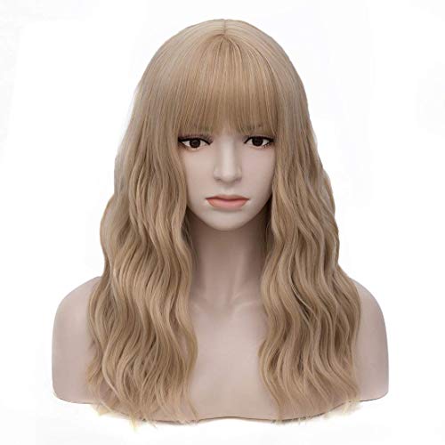 Product Cover Women's Ash Blonde Wavy Wigs with Bangs Middle Length Synthetic Wig for Daily Use or Costume