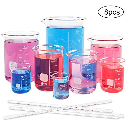 Product Cover SUPERLELE 8pcs Glass Graduated Beaker Set 25/50/100/200/250/400/500/1000ml, Multiple Capacity Borosilicate Glass, Low Form Griffin Thick Wall Type Measuring Beakers with 4 Stirring Rods