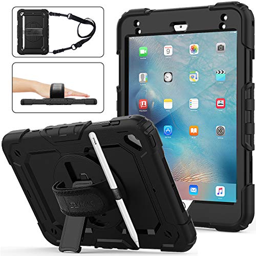 Product Cover SEYMAC stock iPad Mini 5/4 Case, Three Layer Hybrid Drop Protection Case with [360 Rotating Stand] Hand Strap&[Stylus Pencil Holder] Screen Protector for iPad Mini 4th/5th Generation 7.9 inch (Black)