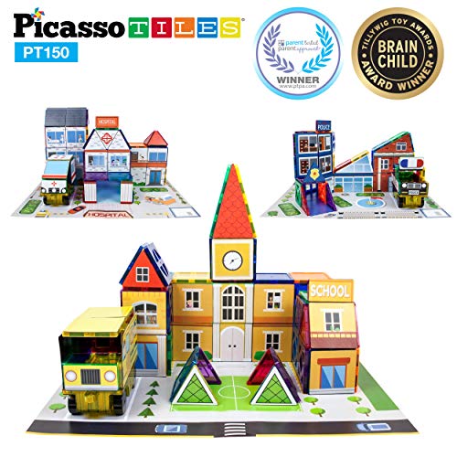 Product Cover PicassoTiles 3-in-1 Theme Set School Hospital Police Station Magnet Self Adhesive Backing Stick-On Sheet Combo w/ Car Magnet Building Block Playset STEM Learning Construction Brain Development Kit