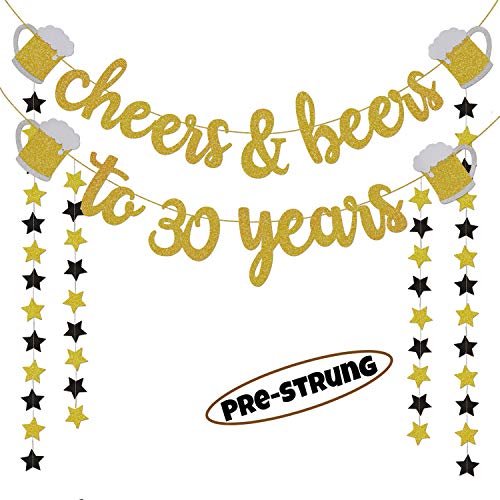 Product Cover 30th Birthday Decorations for Him/Her - 30th Birthday Gifts - Cheers & Beers to 30 Years Gold Glitter Banner - 30th Anniversary Decorations for Party, 30th Wedding Party Supplies for Men/Women