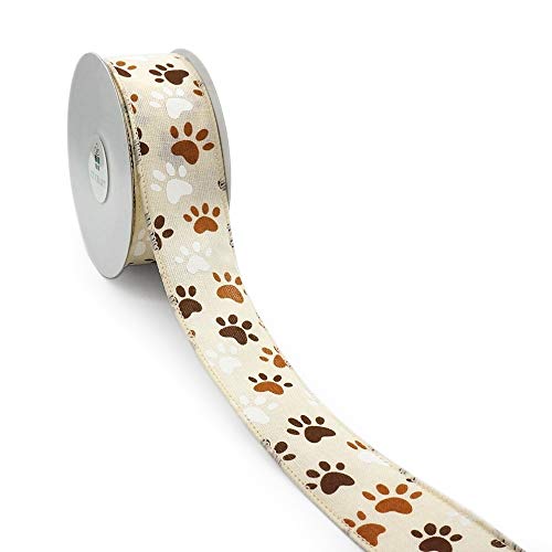 Product Cover CT CRAFT LLC Ivory Canvas with White Brown Dog Paw Wired Ribbon - 1.5 Inch x 10 Yards x 1 Roll