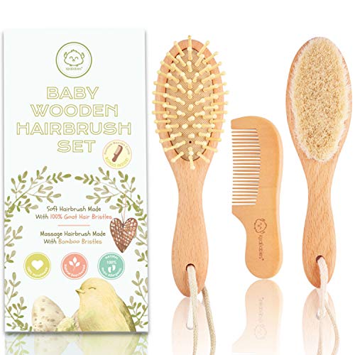 Product Cover Baby Hair Brush and Comb Set for Newborn - Natural Wooden Hairbrush with Soft Goat Bristles for Cradle Cap - Perfect Scalp Grooming Product for Infant, Toddler, Kids - Baby Registry Gift