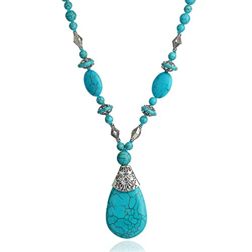 Product Cover Bluegoog Boho Turquoise Long Beaded Necklace for Women Vintage Ethnic Alloy Pendant Jewelry (Turquoise Long Necklace)
