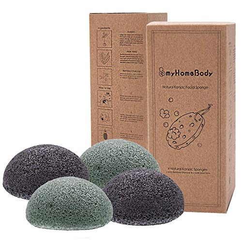 Product Cover myHomeBody Natural Konjac Facial Sponge - for Gentle Face Cleansing and Exfoliation - with Activated Charcoal and Aloe Vera, 4 Pack