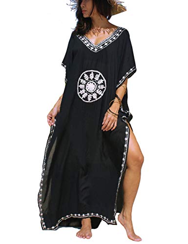 Product Cover Women Black Floral Embroidery Kimono Swimsuit Bohemian Boho Kaftan Beach Dress Robe Gown (7114)