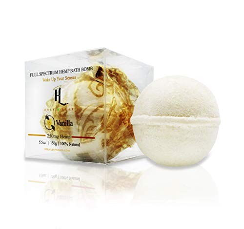 Product Cover All Natural Hemp Bath Bomb, 250mg, 5.5 oz - Vanilla Scented Fragrant Relaxing Bath Salt Fizzy With Essential Oils - Exfoliating, Relaxing, Pain Relief - Cold Press Extraction - by Holy Leaf