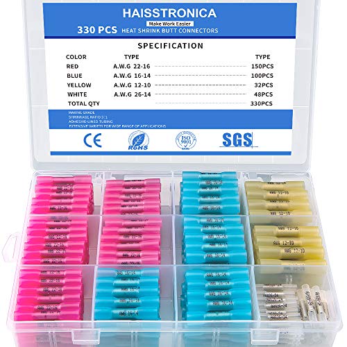 Product Cover 330PCS Haisstronica Heat Shrink Butt Connectors-Waterproof Electrical Wire Connectors-Insulated Crimp Connectors Butt Splice for Watercraft, Electrical,Electronics,Automotive (4 Colors / 4 Sizes)