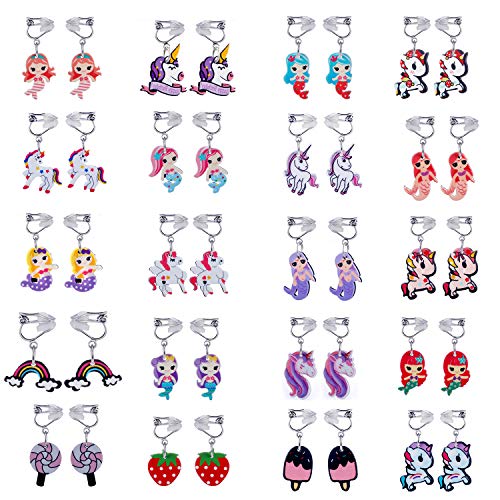 Product Cover 20 Pairs Clip on Earrings Girls Princess Play Jewelry Earrings Set Mermaid Clipons Unicorn Clipon Earring Lollipop Ice Cream Dangle earring Rainbow Eardrop for little girls Toys (1#)