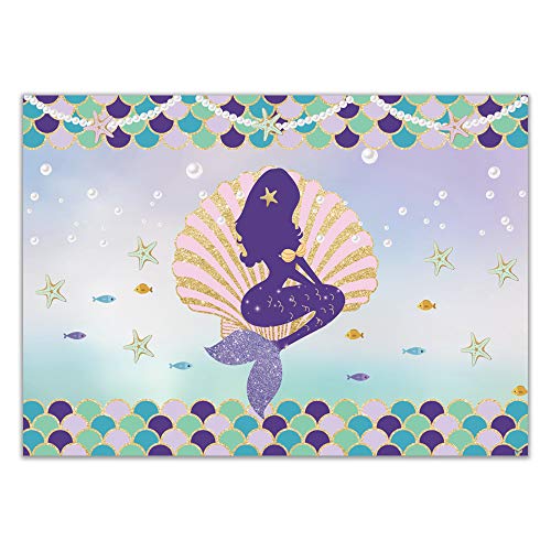 Product Cover Allenjoy 7x5ft Little Mermaid Birthday Party Backdrop Under The Sea Glittering Mermaid Scales Pearl Necklace Pink Seashell Purple Cake Table Banner Baby Girl Photography Background Photo Booth Props