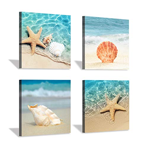 Product Cover Hardy Gallery Beach Seashell Starfish Wall Art: Blue Ocean Beauties Artwork Print on Wrapped Canvas for Living Room (12''x12''x4pcs)