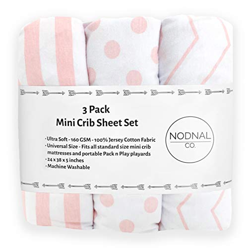Product Cover NODNAL CO. Pink Pack n Play Playard Portable Mini Crib Fitted Sheets Set 3 Pack 100% Jersey Knit Cotton Pack and Play for Baby Girl Playpen - Pink/White Chevron, Polka Dot and Stripe 160 GSM Sheet