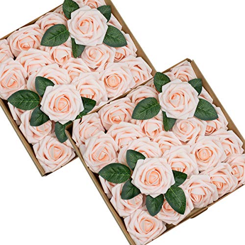 Product Cover Foraineam 50pcs Artificial Roses Flower Real Looking Foam Rose Fake Flowers with Stem & Leaves for DIY Wedding Bouquets Centerpieces Party Home Decorations (Blush)