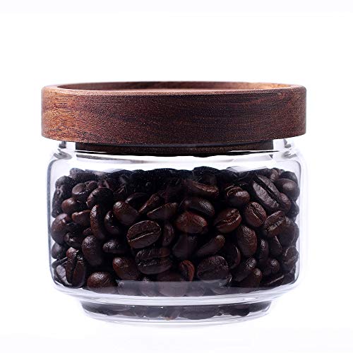 Product Cover Glass Coffee Containers, 8.5 FL OZ/250 ml Kitchen Serving Food Storage Canister with Sealed Wooden Lid, BPA-Free Clear Glass Jar for Tea Leaves, Powder, Spice,Weed(3.06 inch)
