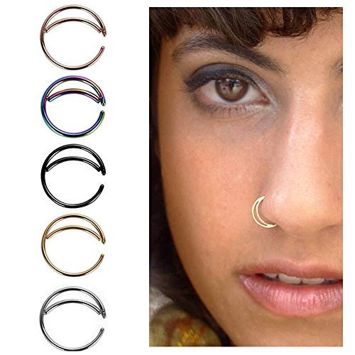 Product Cover 5PCS Stainless Steel Moon Nose Ring Hoop Indian Nose Ring Septum Ring Nose Jewelry Nose Piercing Small Nose Hoop (Moon Nose Rings)