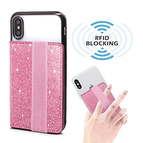 Product Cover RFID Blocking Flip Card Holder for Back of Phone with Elastic Hand Strap, ClarksZone Sequins Glitter Wallet Case Stick On Slim Credit Card ID Card Slot Pockets for Most Smartphones