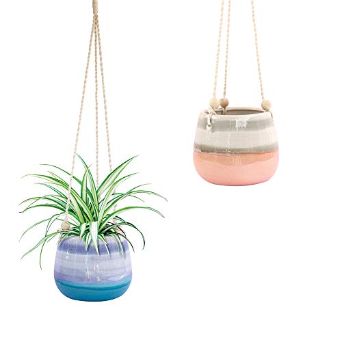 Product Cover Ceramic Hanging Planter | Blue Succulent Pots | Round Plant Holder Container | Cactus Pot with Cotton Rope Hanger | Indoor Outdoor Decor | 23 Bees (1 Pack x Blue Horizon)