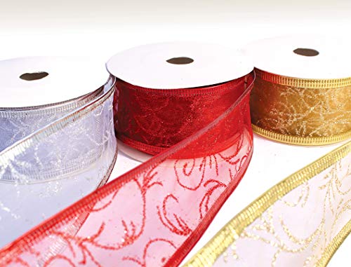 Product Cover 1.5 Ribbon Set of 3 Ribbon Wired Red, Gold, Silver/White Wire Sheer Organza Glitter Xmas Gift Wrapping, Christmas Tree Ribbons Decoration, Holiday Craft, Gifts Wrap 30 Yards / 10 Yard Ea. Roll