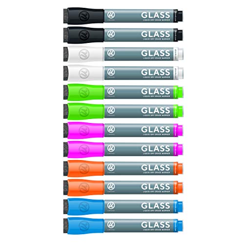 Product Cover U Brands Liquid Glass Board Dry Erase Markers with Erasers, Low Odor, Bullet Tip, Assorted Colors, 12-Count - 2913U00-12
