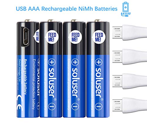 Product Cover AAA Rechargeable Batteries, USB Rechargeable AAA Batteries 500mAh with 4 USB Ports High Capacity 1.2V Ni-MH Recyclable Recharge Battery by USB Cable(4 Count)